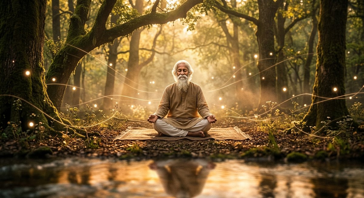 A sage seated in meditation in a sunlit forest, beside a still pool