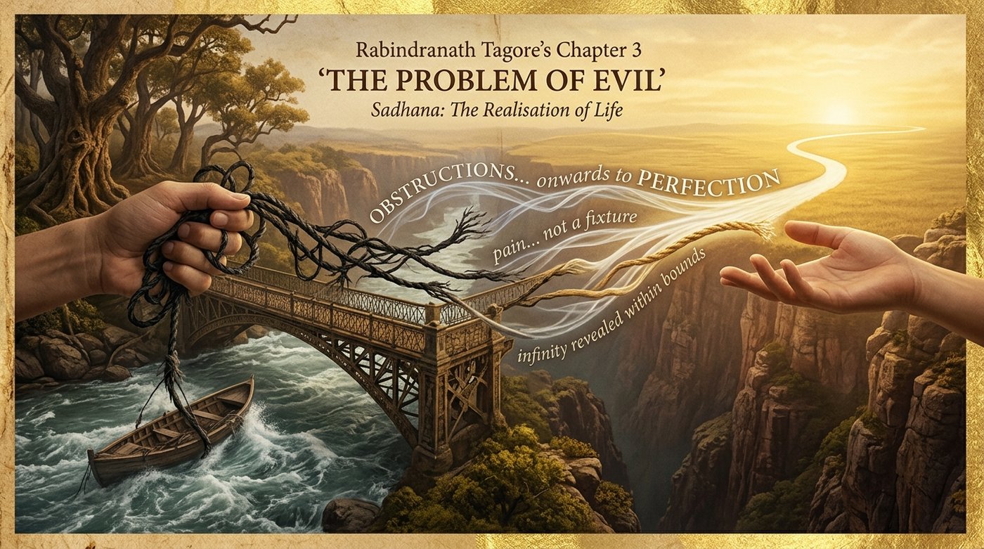 Two hands reach across a canyon over a bridge and a small boat in rushing water — one hand gripping a knotted rope of obstruction, the other open to receive threads of light reading "obstructions... onwards to perfection," "pain... not a fixture," "infinity revealed within bounds"