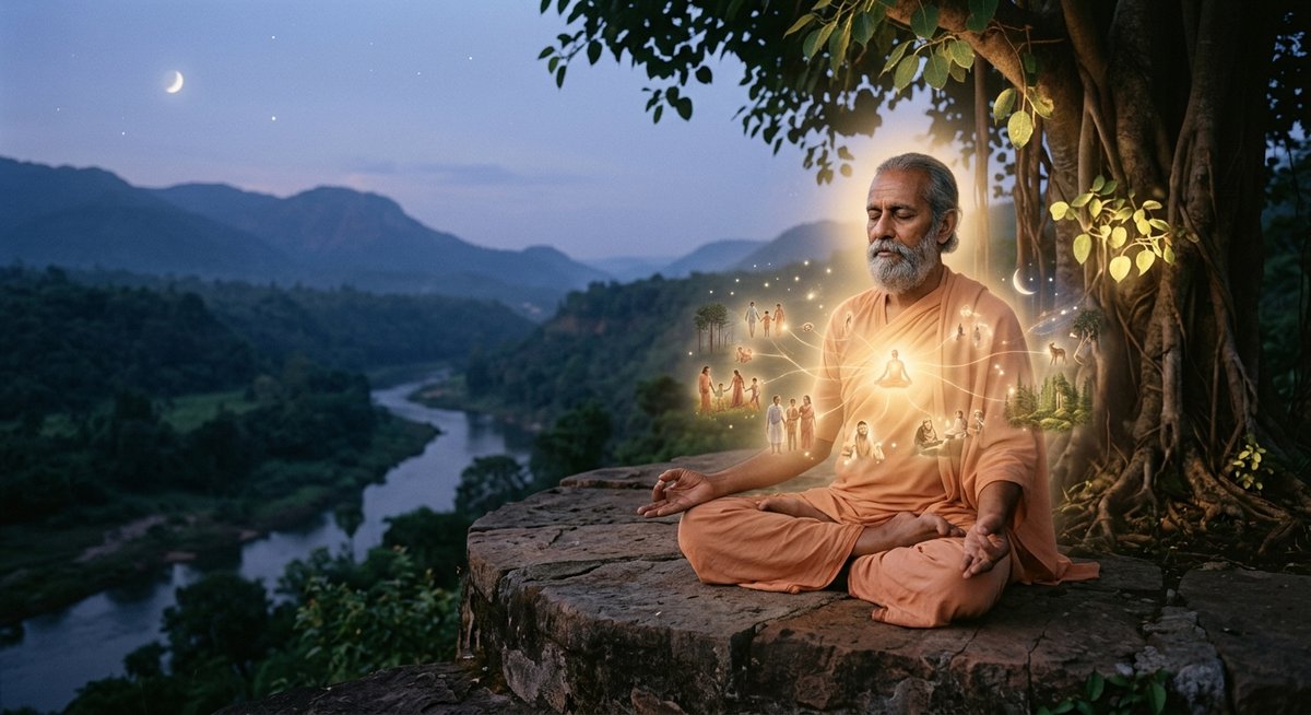 A sage meditating at dusk above a river valley, threads of light connecting him to visions of people and creatures around him